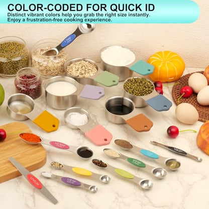 Magnetic Measuring Cups and Spoons Set of 16, 7 Stainless Steel Measuring Cups, 8 Double-Sided Measuring Spoons with 1 Leveler, Color Coded Handles, Dual Markings for Dry and Liquid Ingredients - color: Silver