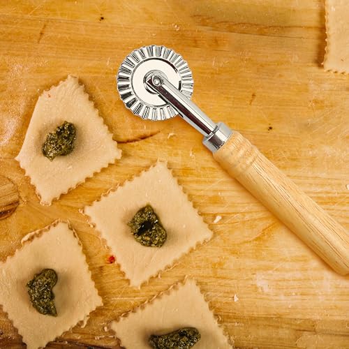 2PCS Pizza Cutter Wheel Roller, 16cm/6.3" long, Zinc Alloy Crinkle Cutter Maker Set with Long Wooden Handle for Making Pasta Ravioli Noodles Dumpling Lace Pastry Pies Fluted Cracker for Kitchen Travel