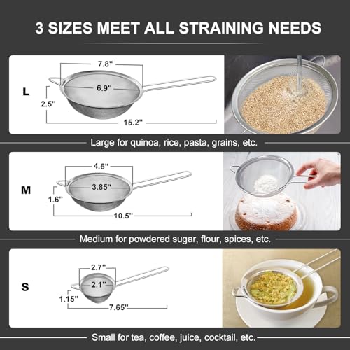 Walfos Fine Mesh Strainers Set, Premium Stainless Steel Colanders and Sifters, with Reinforced Frame Sturdy Handle, Perfect for Sift, Strain, Drain Rinse Vegetables, Pastas Tea - 3 Sizes - style: 3pcs (2.7", 4.6", 7.8") Strainers
