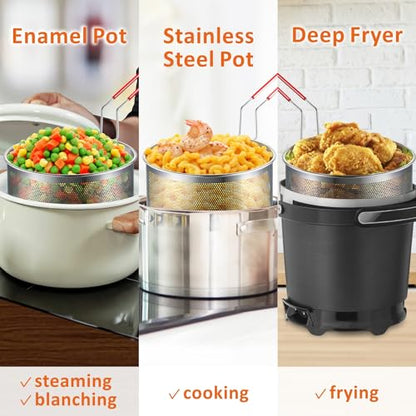 Yimi Deep Fryer Basket 304 Stainless Steel for Frying French Fries Cooking | 7.8''x4.1'' Round Frying Baskets with Heat Resistant Silicone Handle for Kitchen Cooking, Serving Food, 3-Quart - size: 7.8'' Deep Fry Basket