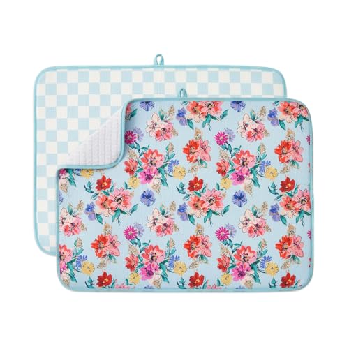FRESHMINT Printed Dish Drying Mats for Kitchen Counter 2 Pack Absorbent Reversible Drying Mats Microfiber Kitchen Countertop Protector Dishes Drying Pad Extra Large 18"x24" Dish Mat - color: Checkerboard Florals, size: 18''X24''