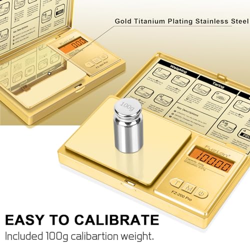 Fuzion Digital Pocket Gram Scale .01 Gram Accuracy, Gold Titanium Plating, 200g Small Digital Scale, Mini Jewelry Scale for Food, Herb, Spice, Coin - Weight Gram and Oz - 100g Calibration Weight - color: Gold, size: 200g with Cal Weight