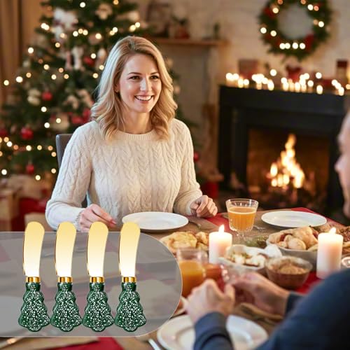 Christmas Tree Spreader Knife Set, Gold Stainless Steel Butter Knives, Holiday Serving Utensils for Cheese Jam, Gift for Home Bakers, 4-Piece - color: Green