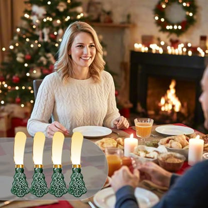Christmas Tree Spreader Knife Set, Gold Stainless Steel Butter Knives, Holiday Serving Utensils for Cheese Jam, Gift for Home Bakers, 4-Piece - color: Green