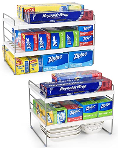 2 Pack Expandable Kitchen Wrap Organizer Rack, Height & Width Adjustable Aluminum Foil and Plastic Wrap Organizer for Pantry, Cabinet Food Wrap Organization and Storage - (3 Tier 9.8 to 15.6"L) - color: White-2P