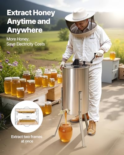 VEVOR Honey Extractor, 2 Frame Manual Honey Extractor with Transparent Lid, Stainless Steel Honeycomb Drum Spinner with Height Adjustable Stand,Honeycomb Extraction Centrifuge Equipment for Beekeeping - style: 2 Frame