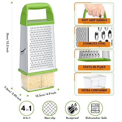 Urbanstrive Cheese Grater With Container, Professional Cheese Grater with Handle, Stainless Steel Graters for Kitchen Handheld, Box Grater with 4 Sides for Vegetables, Ginger, Potatoes (Green) - color: Green
