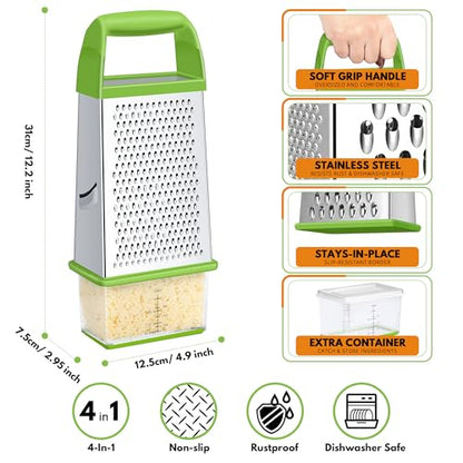 Urbanstrive Cheese Grater With Container, Professional Cheese Grater with Handle, Stainless Steel Graters for Kitchen Handheld, Box Grater with 4 Sides for Vegetables, Ginger, Potatoes (Green) - color: Green