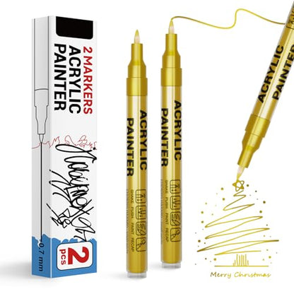 Acrylic Paint Pens Waterproof Markers 2 Gold Permanent Marker Pens Acrylic Pens for Rock Painting Glass Stone Ceramic Metal Fabric Pebble Painting pens Craft Supplies - color: Gold