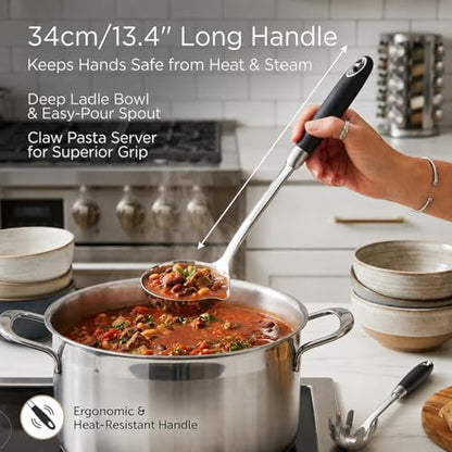 18/10 Stainless Steel Soup Ladle and Pasta Server Set, 2-Piece | Premium 18/10 stainless steel soup ladle and pasta server with ergonomic heat-resistant handles for everyday cooking. - color: Black