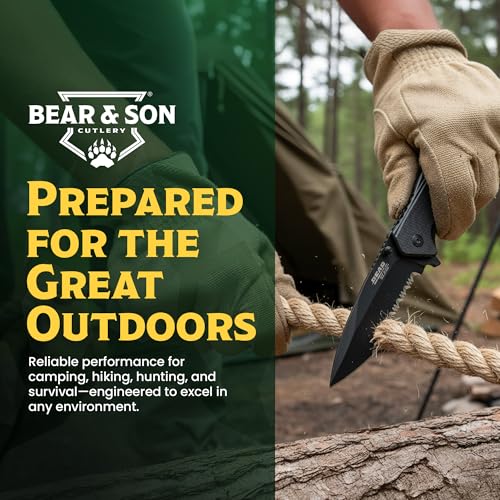 BEAR & SON - Manual Drop Point Folding Knife - 2 7/8" 440 Stainless Steel Blade with G10 Handle & Ball Bearing Washers - Men'sTactical EDC Pocket Knife - Sharp Utility Hunting Camping Gear - Serrated