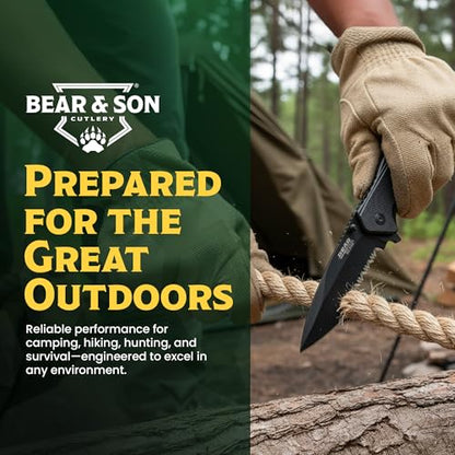 BEAR & SON - Manual Drop Point Folding Knife - 2 7/8" 440 Stainless Steel Blade with G10 Handle & Ball Bearing Washers - Men'sTactical EDC Pocket Knife - Sharp Utility Hunting Camping Gear - Serrated