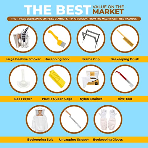 Beekeeping Supplies Starter Kit, 11 Piece Set, All-in-One Beginner Tools and Pro Equipment with Large Beehive Smoker, Beekeeper Suit and Gloves, Extraction Scraper, and Feeder