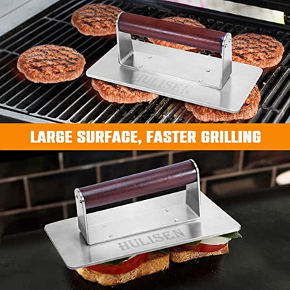 HULISEN Stainless Steel Bacon Press, 9 Inch Large Heavy Duty Burger Press with Wood Handle, Non-stick Grill Press for Griddle, Steak Weight Griddle BBQ Accessories for Panini, Sandwiches, Gift Package - size: 9 Inch Long Press
