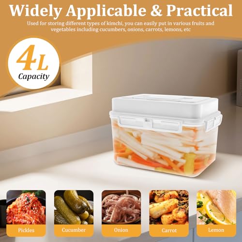 Press Plate Leakproof Airtight Pickle Kimchi Container, Press Plastic Fermentation Container, 4L Food Storage Box w Hidden Handle, Portable Mason Jar, Clear Sauerkraut Press Container for Home Kitchen - color: 4 L Preserving Jar