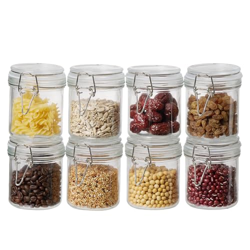 ODBCYWM 10oz Glass Food Storage Jars with Airtight Lids, Set of 8 – Clear Preserving Seal Wire Clip Fastening Canisters for Kitchen Canning, Flour, Cereal, Pasta, Sugar, Beans, Pickling Jars (10oz×8) - size: 10oz*8