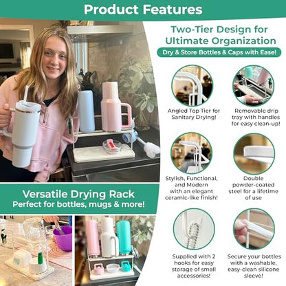 Cup Drying Rack for Counter, Water Bottle Drying Rack for Kitchen Counter, 2-Tier Tumbler, Mug and Glass Drying Rack with Drain Tray and 5-in-1 Cleaning Brush
