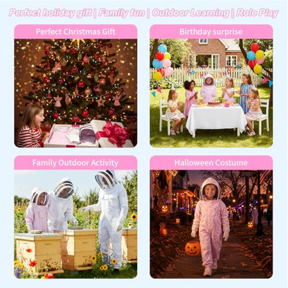 Pink Kids Bee Suit Bee Suits for Kids and Girl Full Body Kid Beekeeping Suit with Veil Hood and Glove Children Beekeeper Bee Costume 100% Cotton Skin Breathable for Family, Backyard, Gifts, Halloween