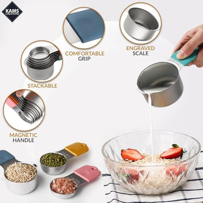 Stainless Steel Magnetic Measuring Spoons Set & Cups 16PCS - Double Sided Measuring Spoons, Stackable Measuring Spoons & Cups with Leveler - Premium Metal Measuring Spoons