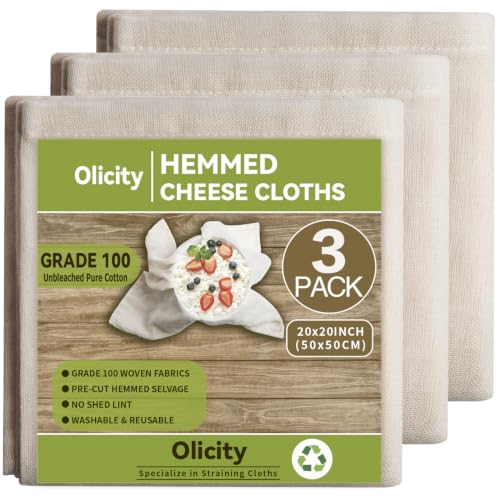Olicity Cheese Cloths, 3Pack, Grade 100, 20x20Inch Hemmed Cheese Cloth Fabric Reusable Fine Mesh Cloth, 100% Cotton Unbleached Precut Muslin Cheesecloth for Straining, Cooking, Juice, Herbs