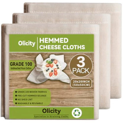 Olicity Cheese Cloths, 3Pack, Grade 100, 20x20Inch Hemmed Cheese Cloth Fabric Reusable Fine Mesh Cloth, 100% Cotton Unbleached Precut Muslin Cheesecloth for Straining, Cooking, Juice, Herbs