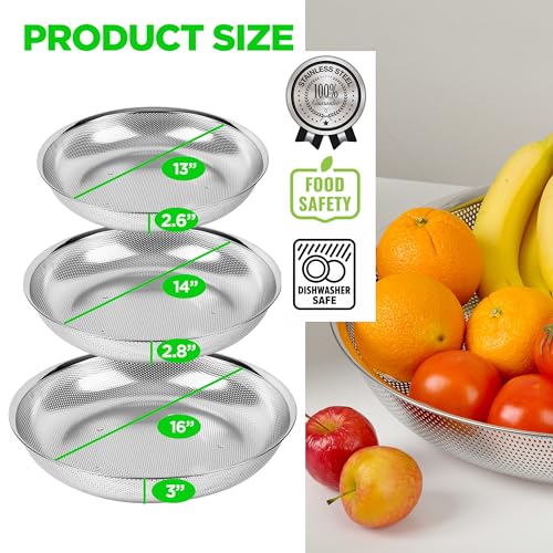 Premium 18/8 304 Stainless Steel Large Colander Set of 3, Comfortable Micro-Perforated Shallow Strainers, 5.5-7-10 Quart Tray Set, Self-Draining Solid Base for Pasta, Fruits, Vegetables - size: 5.5+7+10QT Colander