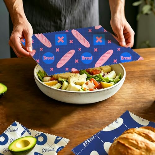 Reusable Beeswax Wraps, Blue & White Bread Bakery Wraps, 9 Pack Eco-Friendly Food Covers, Organic, Sustainable, Zero Waste, Plastic-Free, For Sandwich, Snack, Bowl, 1XL, 3M, 5S - color: Blue Bread