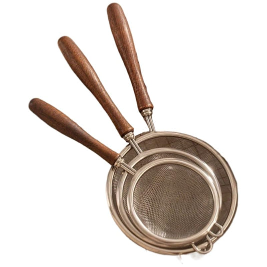 3 Pack Stainless Steel Fine Mesh Strainer Set, 304-Grade Kitchen Sieve with Wooden Handle for Tea, Baking, Cooking - Small Medium Large