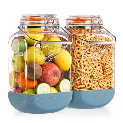 [NEW] 2 Pack Square 1.5 Gallon Glass Jar with Hinged Airtight Lid, Large Mason Jars Wide Mouth with Handle, Glass Storage Containers with Non-slip Base for Pantry, Laundry Room, Flour, Rice, Dog Treat