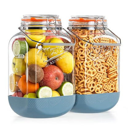 [NEW] 2 Pack Square 1.5 Gallon Glass Jar with Hinged Airtight Lid, Large Mason Jars Wide Mouth with Handle, Glass Storage Containers with Non-slip Base for Pantry, Laundry Room, Flour, Rice, Dog Treat
