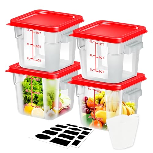 Square Storage Container with Lid, Commercial Box with Measurement Marks & Handle, for Baking, Dough Proofing, Meat Brining, Kitchen Tool (Red, 6QT-4PACK) - size: 6QT-4PACK