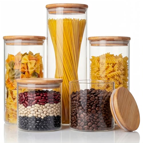 Multi Size - 5 Pack Glass Jars with Bamboo Lids, Glass Pantry Storage Containers with Airtight Lids, Round Air Tigh Food Storage Canisters for Cereal, Pasta, Flour, Sugar, Best for Kitchen Organizer - color: MultiSize 5 Pack