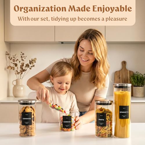 EDELHAUS Glass Storage Containers with Stainless Steel Lids [Extra Thick Glas] with 54 Labels - Canister For Pantry Noodles Flour Cereal Rice Sugar Tea Coffee Beans - Round Set of 5x - color: 5 Pack - Silver Lids