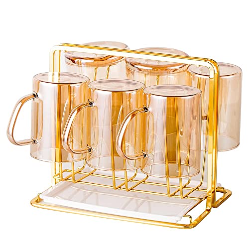 Metal Cup Drying Rack with 6 Hooks | Bottle Drying Rack with Drain Tray,Coffee Mug Holder,Mug Organizer Golden - color: Gold