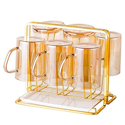 Metal Cup Drying Rack with 6 Hooks | Bottle Drying Rack with Drain Tray,Coffee Mug Holder,Mug Organizer Golden - color: Gold