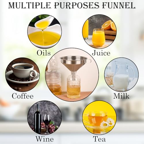 WMKGG 304 Stainless Steel Funnel, 5 Inch Funnels for Kitchen Use Filling Bottles, with 200 Mesh and 100 Mesh Fine Mesh Strainer, for Oils, Juice, Wine, Coffee, Milk, Tea, Powder - size: Funnels+Strainer