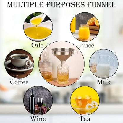 WMKGG 304 Stainless Steel Funnel, 5 Inch Funnels for Kitchen Use Filling Bottles, with 200 Mesh and 100 Mesh Fine Mesh Strainer, for Oils, Juice, Wine, Coffee, Milk, Tea, Powder - size: Funnels+Strainer