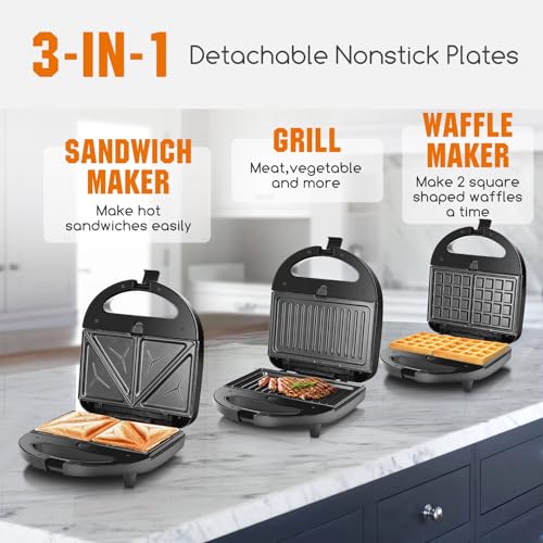 Aigostar Sandwich Maker Panini Press Grill, 3 in 1 Waffle Maker with Removable Non-stick Plates, Electric Grilled Cheese Maker, Portable Cool Touch Handle, Led Indicator Lights & Easy to Clean, 750W - color: Black