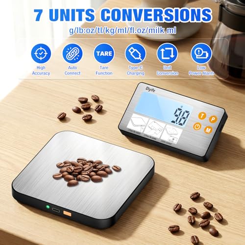 Rechargeable Split Food Scale, Diyife 33lb Digital Kitchen Scales with Split Display, 1g/0.1oz High Accurate, Food-Grade 304 Stainless Steel, 7 Units, Backlit LCD, for Cooking, Baking, Meal Prep - color: Silver