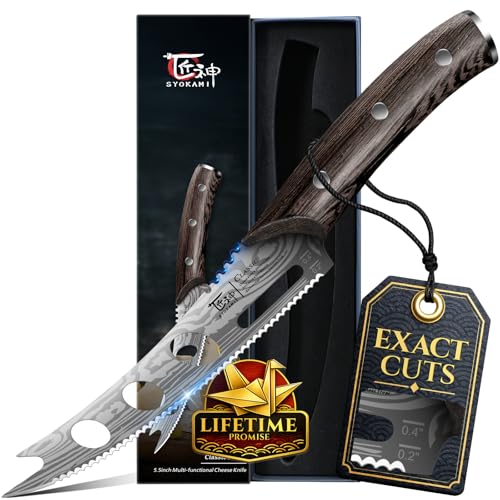 SYOKAMI Cheese Knife, 5.5 Inch Serrated Cheese Cutter for Soft and Hard Cheese, Pronged, Multi-Use Non Stick Design, High Carbon German Steel, Full Tang & Ergonomic Handle Design, Ideal Gift