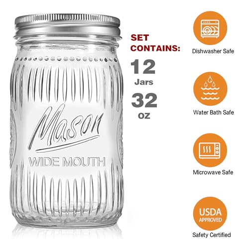 12 Pack 32 oz Wide Mouth Mason Jars - Heavy Duty Glass Storage Jars with Airtight & Leak Proof Lids for Pickling, Canning, Food Storage, Flour, Sugar, Pasta, Oats & DIY Projects (12pack 32oz)