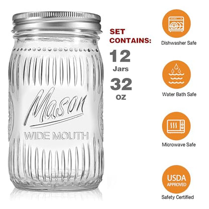 12 Pack 32 oz Wide Mouth Mason Jars - Heavy Duty Glass Storage Jars with Airtight & Leak Proof Lids for Pickling, Canning, Food Storage, Flour, Sugar, Pasta, Oats & DIY Projects (12pack 32oz)