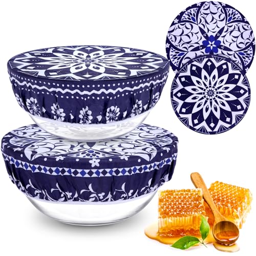 2 Large Reusable Beeswax Bowl Covers for Bread Proofing, 10/12 Inch Elastic Beeswax Wraps Cotton Cloth Sourdough Bowl Covers for Proofing Baskets, Mixer Bowls, Food Storage Containers - color: Geometric Floral