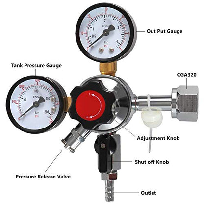 Beer Keg CO2 Regulator CGA320 -Brand LUCKEG Kegerator Regulator with Safety Pressure Relief Valve, Include 5ft Red Gas Line and Worm Clamps for Home Brewing Keg Kegging