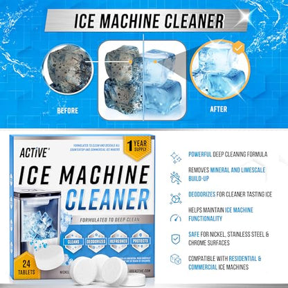 ACTIVE Ice Machine Cleaner Maker Descaler - 24 Clean Tablets Compatible with Frigidaire, Opal, GE Profile, Kitchenaid, Nickel Safe Scale Remover for Countertop, Nugget Ice Makers - Bulk 1 Year Supply - style: 24 Tablets Descaling Cleaner for Ice Maker