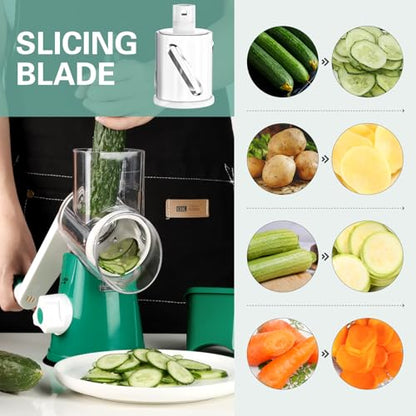 Cambom Rotary Cheese Grater Hand Crank Cheese Shredder for Fresh Cheese, Vegetable, Nuts,Non-slip Suction Base, Three Blades, Dark Green - color: Dark Green, size: 3 BLADES