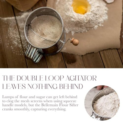 Bellemain 5 Cup Flour Sifter for Baking Fine Mesh Rotary Hand Crank with Loop Agitator for Quick Sifting, Flour Sifter Stainlees Steel - size: 5 Cup
