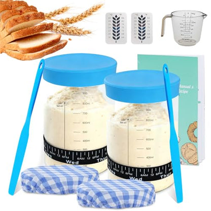 34oz Sourdough Starter Jar Kit,Wide Mouth Sourdough Starter Container with Feeding Tracking Band, Silicone Spatula&Sourdough Starter Kit-Baking Supplies(2 pack). (Blue) - color: Blue