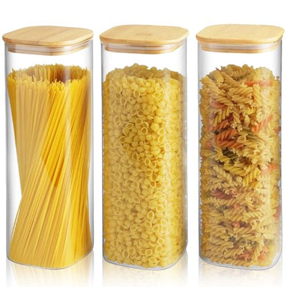 Glass Spaghetti Pasta Storage Container - 3 Pack 2.5 QT Airtight Food Storage Jar Set with Bamboo Lid Labels -Tall Square Kitchen Pantry Canister Organizers for Noodle Cookies Flour Cereal Coffee Bean - size: 82oz*3