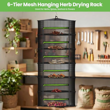 MEKOLIFE Herb Drying Rack with Mesh Design, Hanging Drying Rack with Green Zipper & Garden Pruning Shears – Versatile Plant Drying Solution (6 Layers) - size: 6 Layers